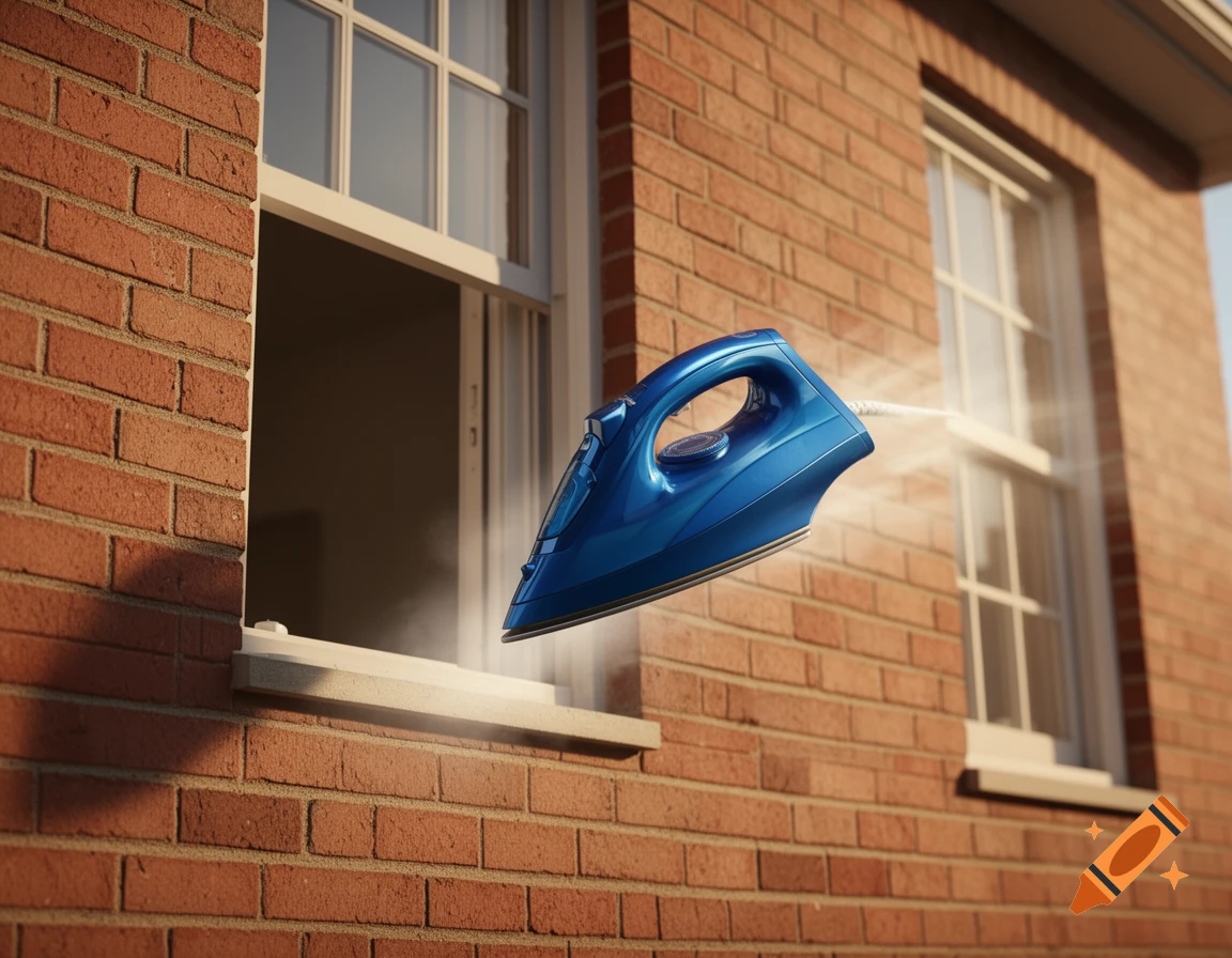 A photorealistic shot of a blue steam iron falling out of an open residential window, steam emanating, against a brick facade.