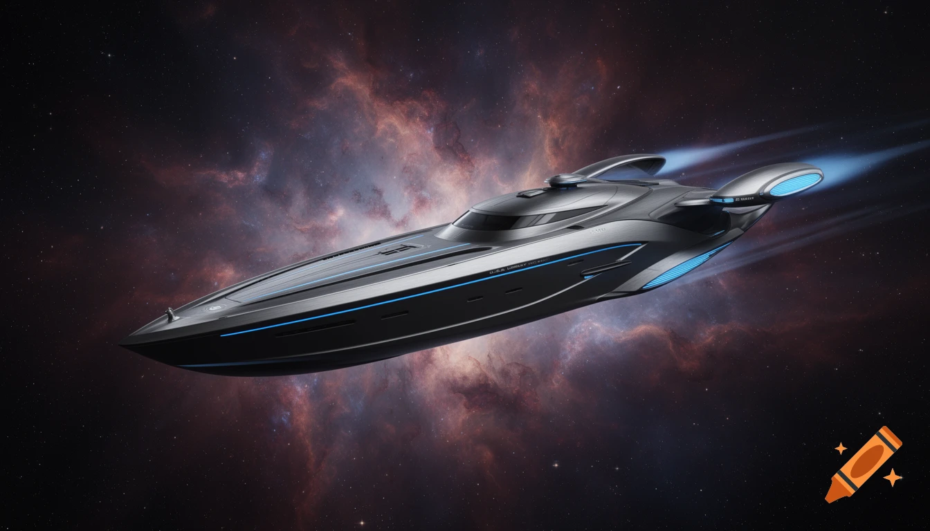 A sleek, dark anthracite-grey futuristic spaceship with metallic silver accents and blue light strips cruises through deep space with a colorful nebula and stars in the background.