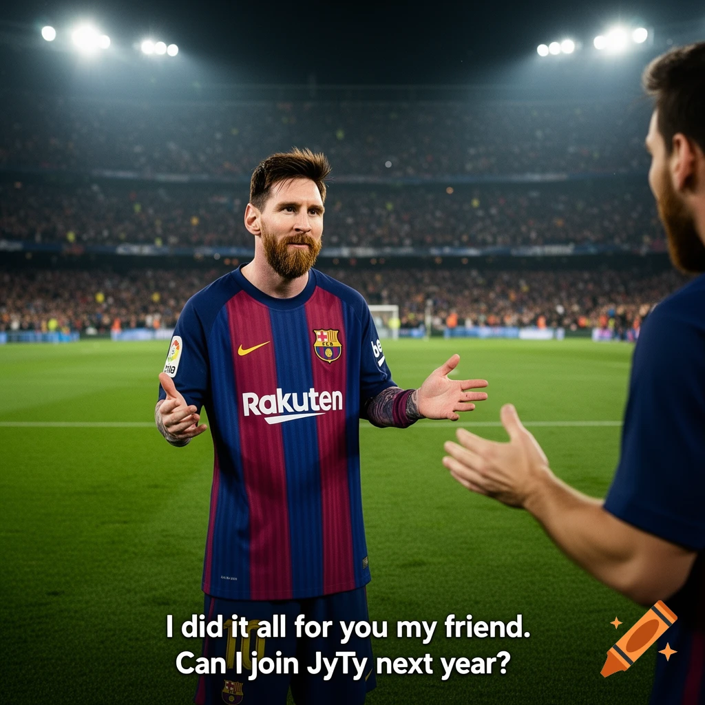 Lionel Messi in a Barcelona jersey on a football pitch, talking to another person, with overlaid text.