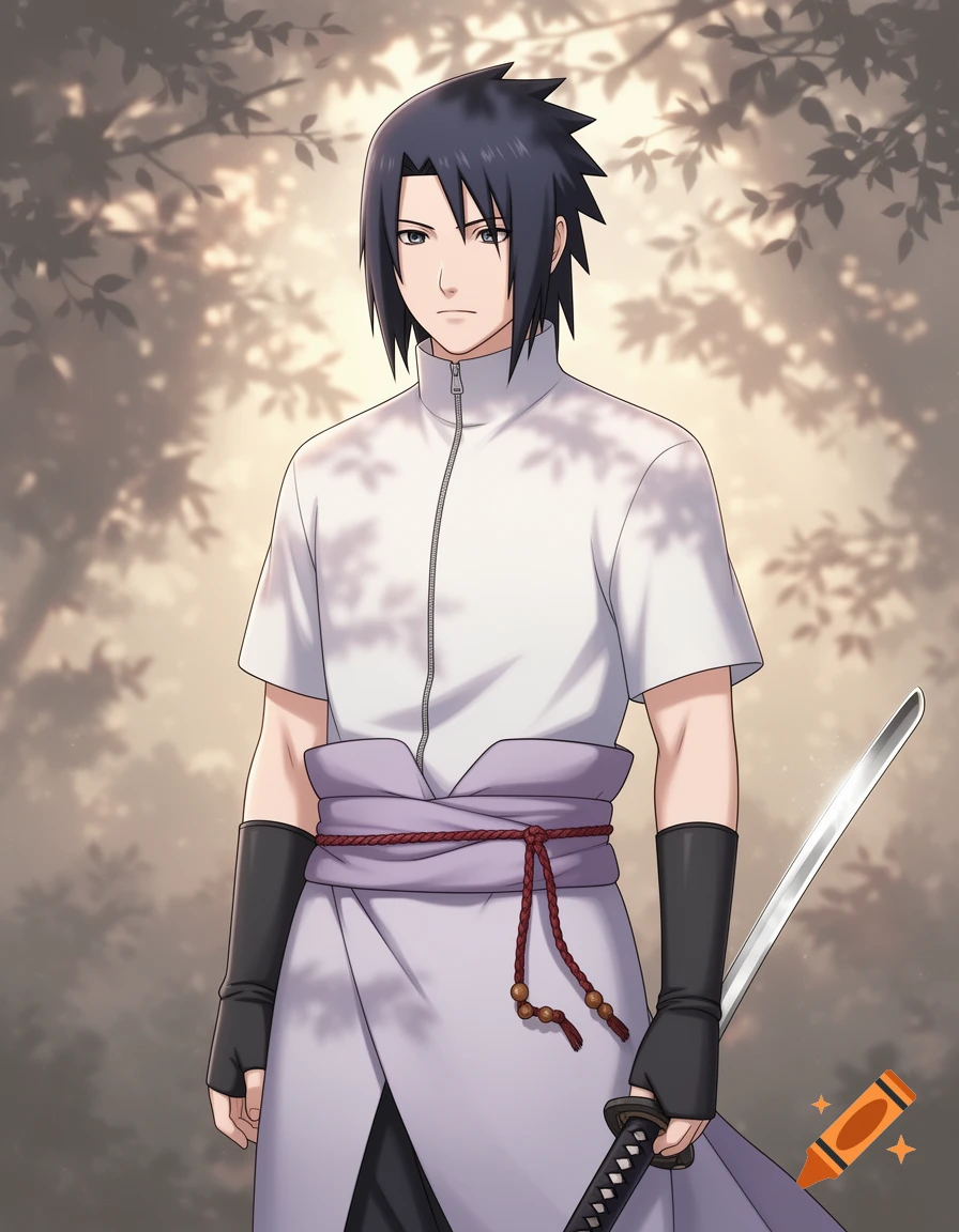 Adult Sasuke Uchiha in a white shirt and purple obi, holding a katana in a sunlit forest.
