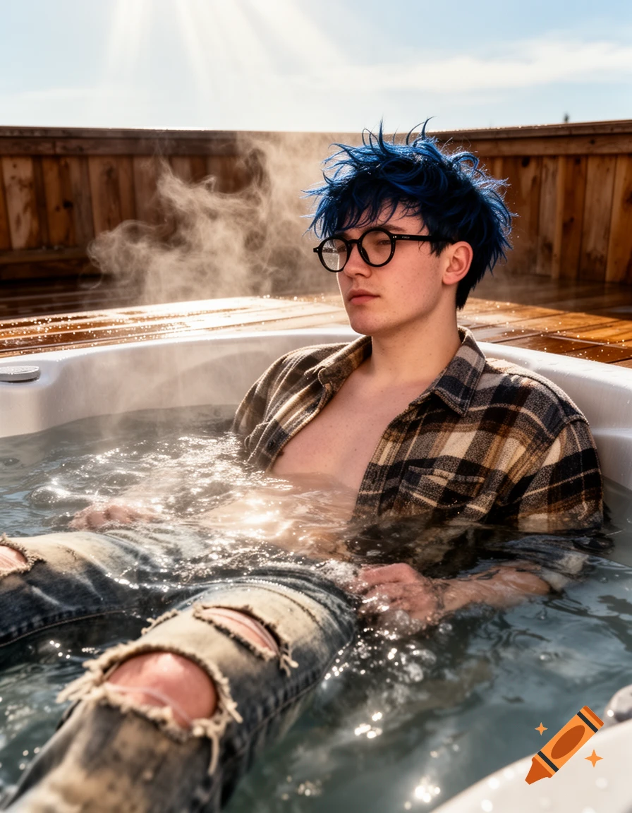 A person with spiky blue hair and round glasses relaxing in a steaming outdoor hot tub, wearing an open flannel shirt and ripped jeans on a sunny day.