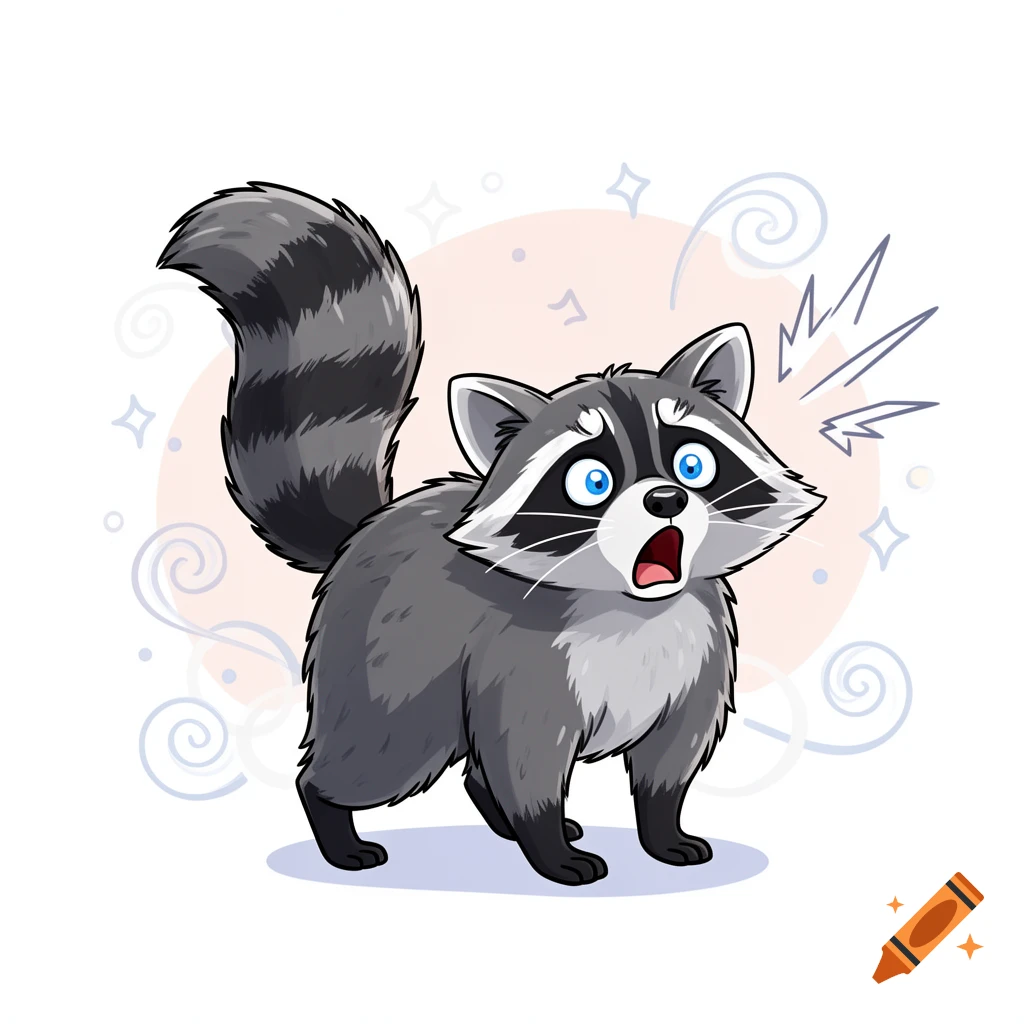 A wide-eyed cartoon raccoon with an open mouth appears shocked, set against a simple background with decorative swirls.