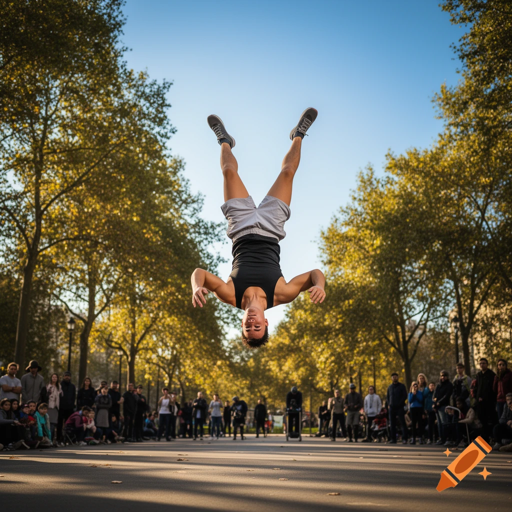 A photorealistic image of a man in a black tank top and grey shorts performing a backflip over a street, with trees and a crowd in the background.