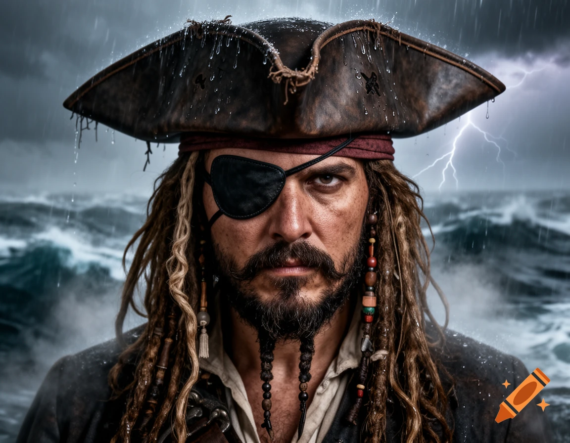 A photorealistic image of a stern pirate with an eye patch, beard, and dreadlocks, in heavy rain against a stormy sea with lightning.