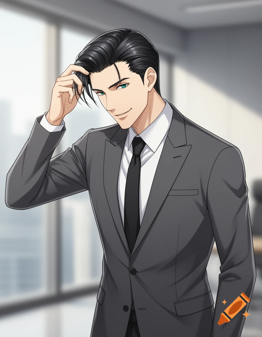Anime drawing of a handsome man in a gray suit, with dark hair and green eyes, smiling while running his hand through his hair in an office.