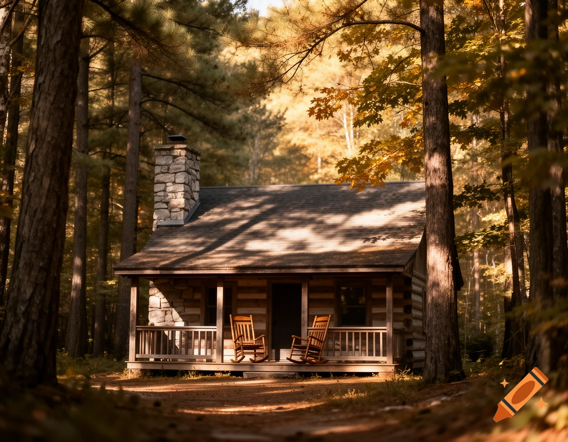A rustic wooden cabin with a stone chimney and a porch with two rocking chairs, surrounded by autumn trees in a forest.