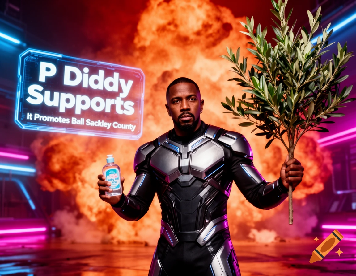 P Diddy in futuristic armor holds baby oil and an olive tree in front of an explosion and neon lights.