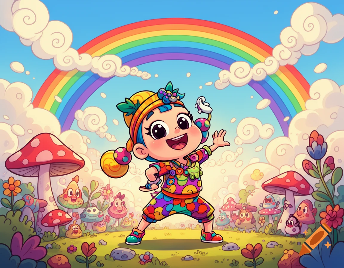 A vibrant cartoon character with colorful clothes dances in a whimsical landscape with mushrooms and a rainbow.