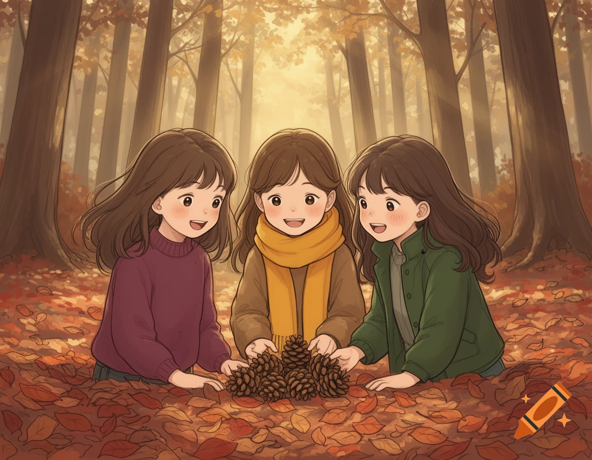 Three smiling cartoon girls collect pine cones in a sunlit autumn forest filled with fallen orange leaves.