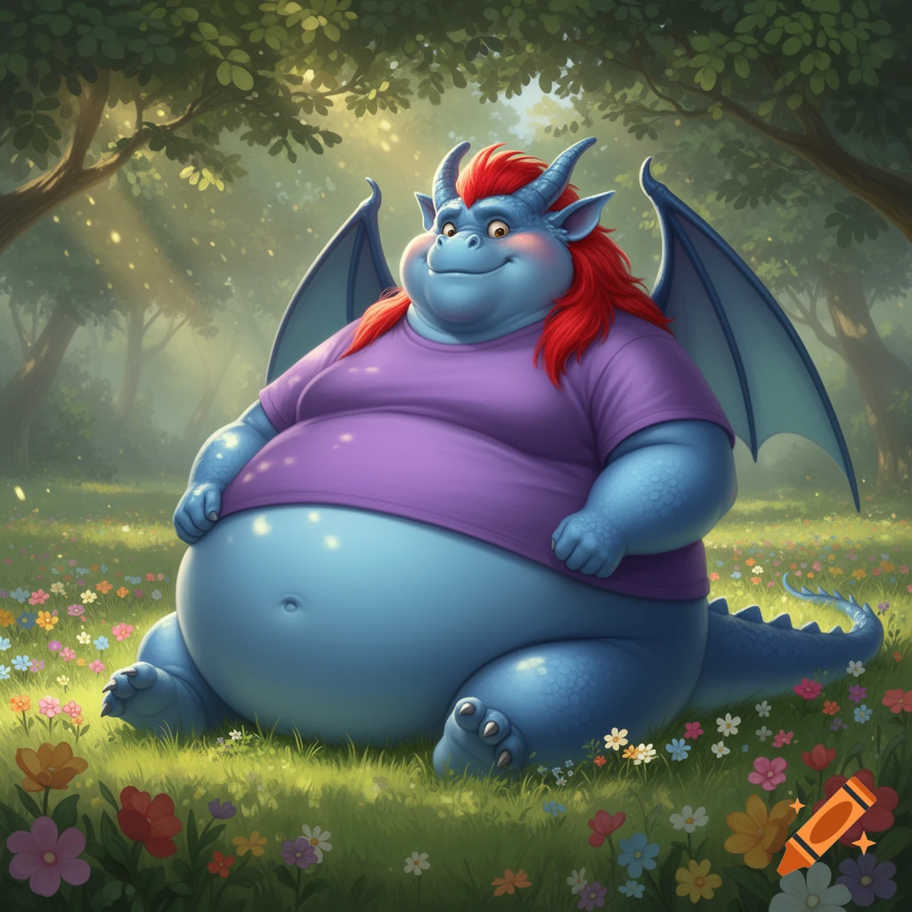A very obese blue dragon with red hair, small wings, and a purple shirt sits smiling in a sunny, flower-filled meadow.