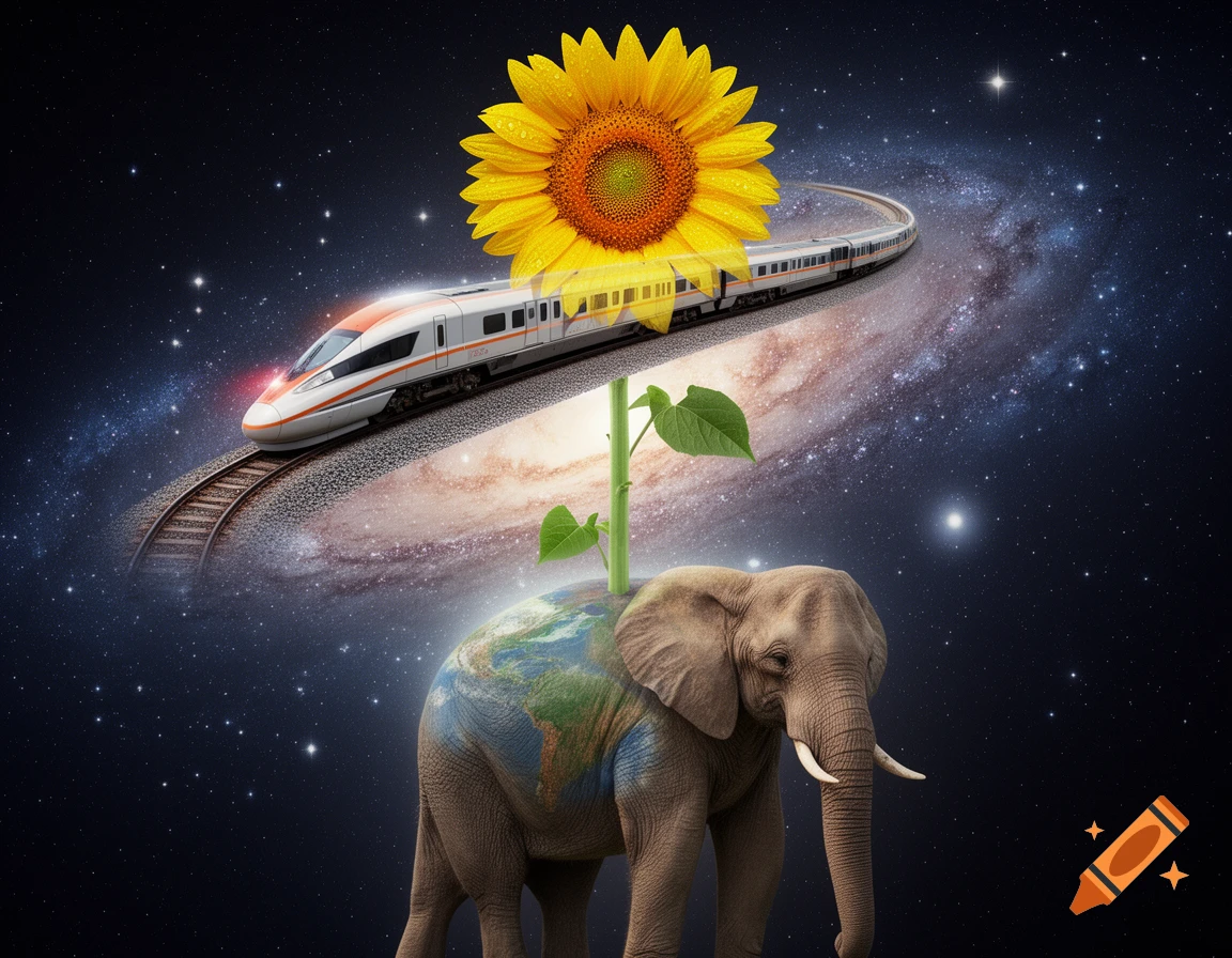 A surreal image depicting a high-speed train on tracks curving through a galaxy, a large sunflower growing from an elephant with the Earth painted on its back, set in a starry cosmos.