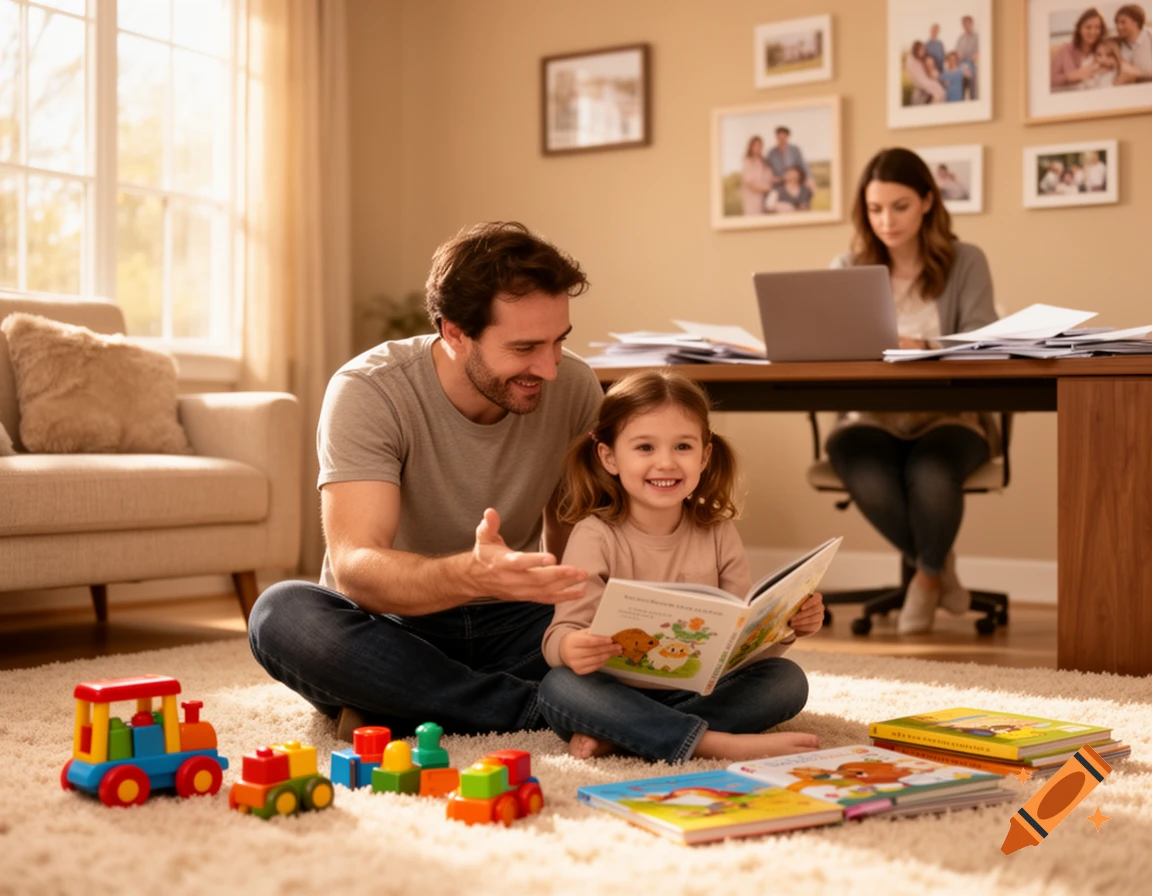 A father and daughter sit on a rug playing and reading a book, while the mother works on a laptop at a desk in a sunlit home.