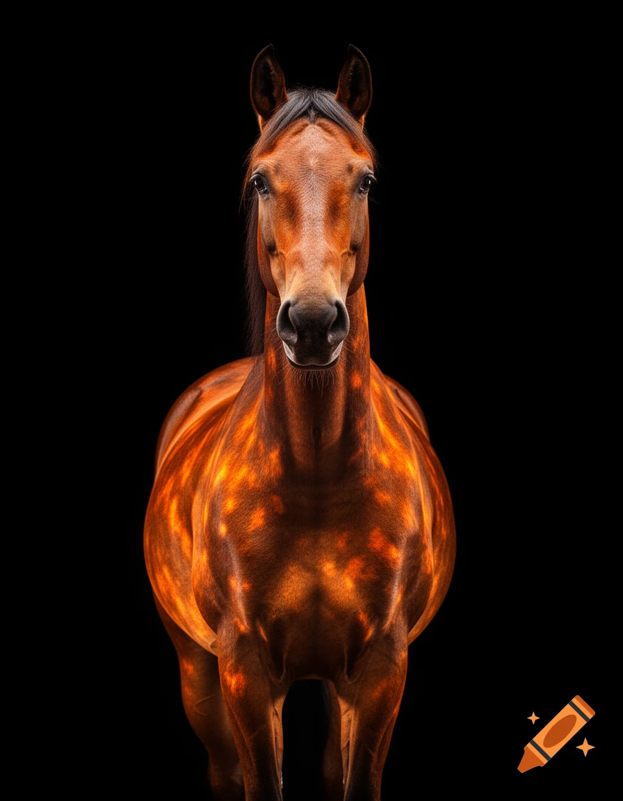 A brown horse with glowing orange spots on its body stands facing forward against a black background.