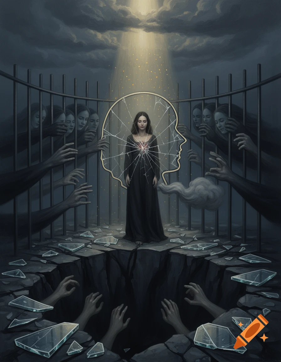 A woman stands in a cracked, head-shaped mirror, surrounded by bars and reaching hands from darkness, under a beam of light. Stylized digital painting.