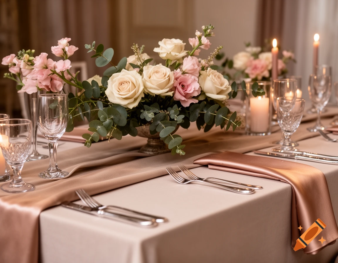 Elegant wedding table setting with a floral centerpiece, candles, and cutlery in dusty rose, champagne, and ivory tones.