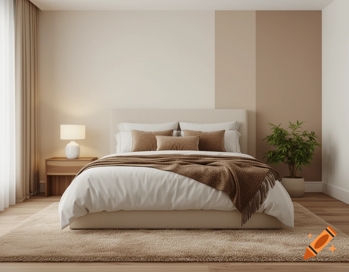 A cozy bedroom with a large bed, nightstand, lamp, and a plant. The room features a beige, white, and brown color scheme.