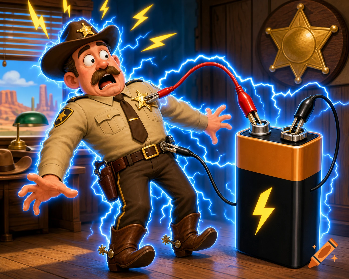 A cartoon sheriff in a desert office gets an electric shock from a large battery, with lightning bolts surrounding him.