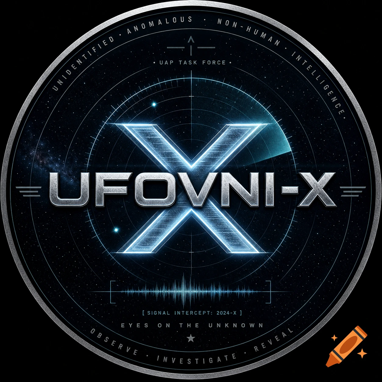 A circular logo for "UFOVNI-X" with metallic, glowing text, set against a dark starry space background with radar elements and other text related to UAP investigation.