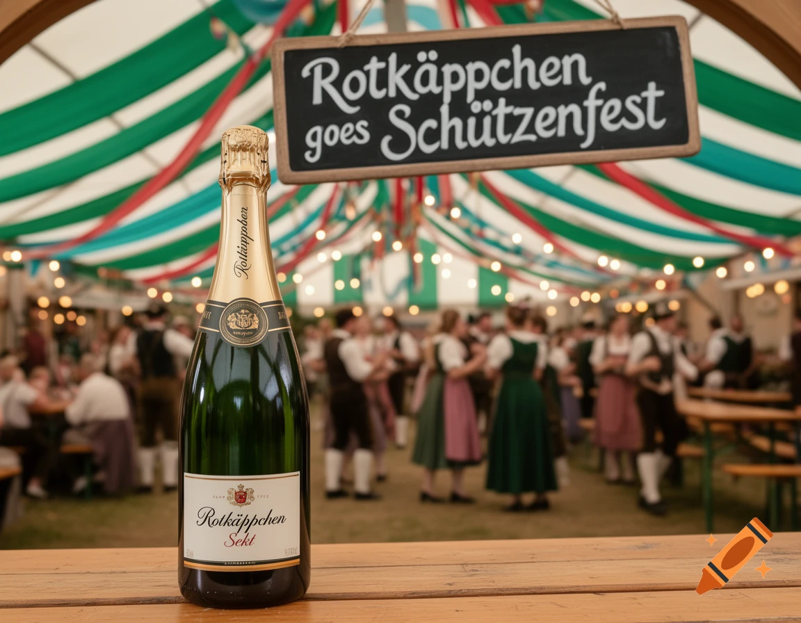 A bottle of Rotk r k r ppchen Sekt sits on a wooden table in front of a blurry German Sch r k r tzenfest tent with a sign.