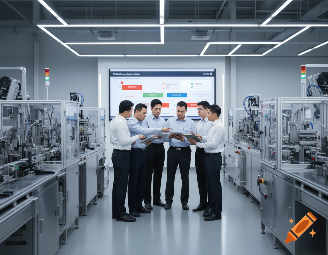 Six men in business attire discussing data on a large screen in a modern factory with machinery.