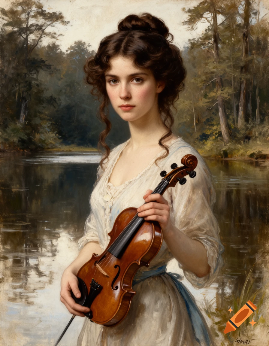 An oil painting of a young woman with dark wavy hair in a loose bun, dressed in white, holding a violin by a lake surrounded by a forest.