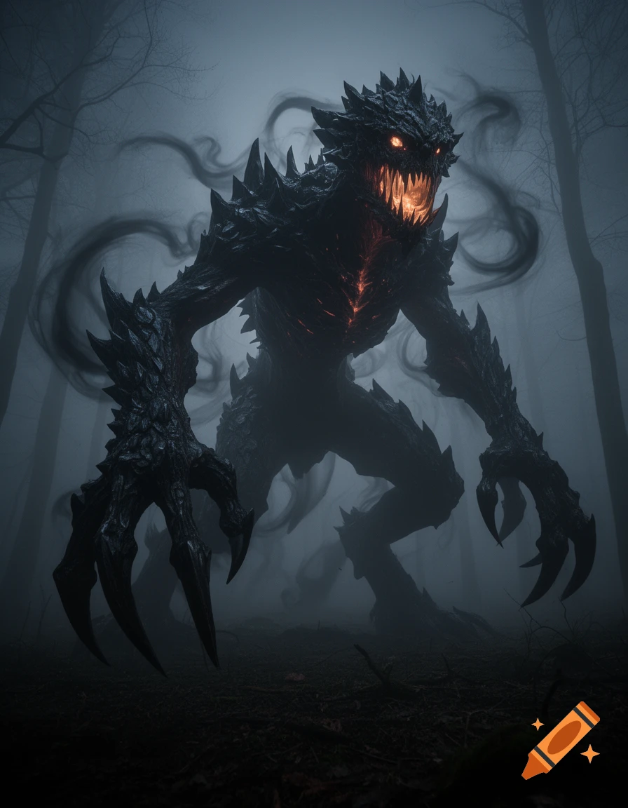 A dark, spiky, monstrous creature with glowing eyes and a fiery mouth stands in a foggy, dark forest, emitting dark smoke.