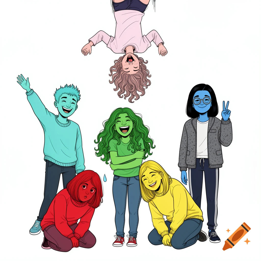 A colorful illustration of six diverse cartoon characters expressing different emotions on a white background.