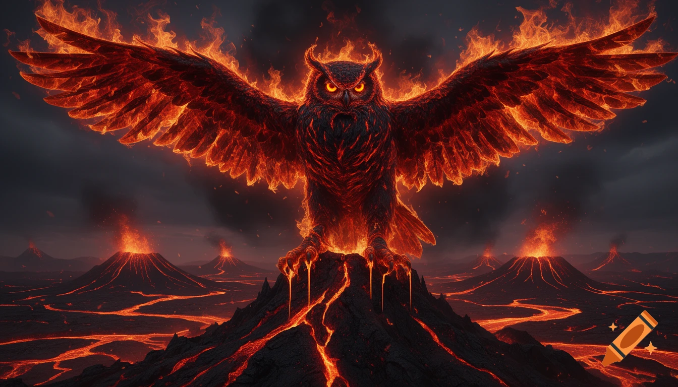A colossal fiery owl deity with spread flaming wings and blazing eyes stands on a volcanic peak, lava dripping from its talons.