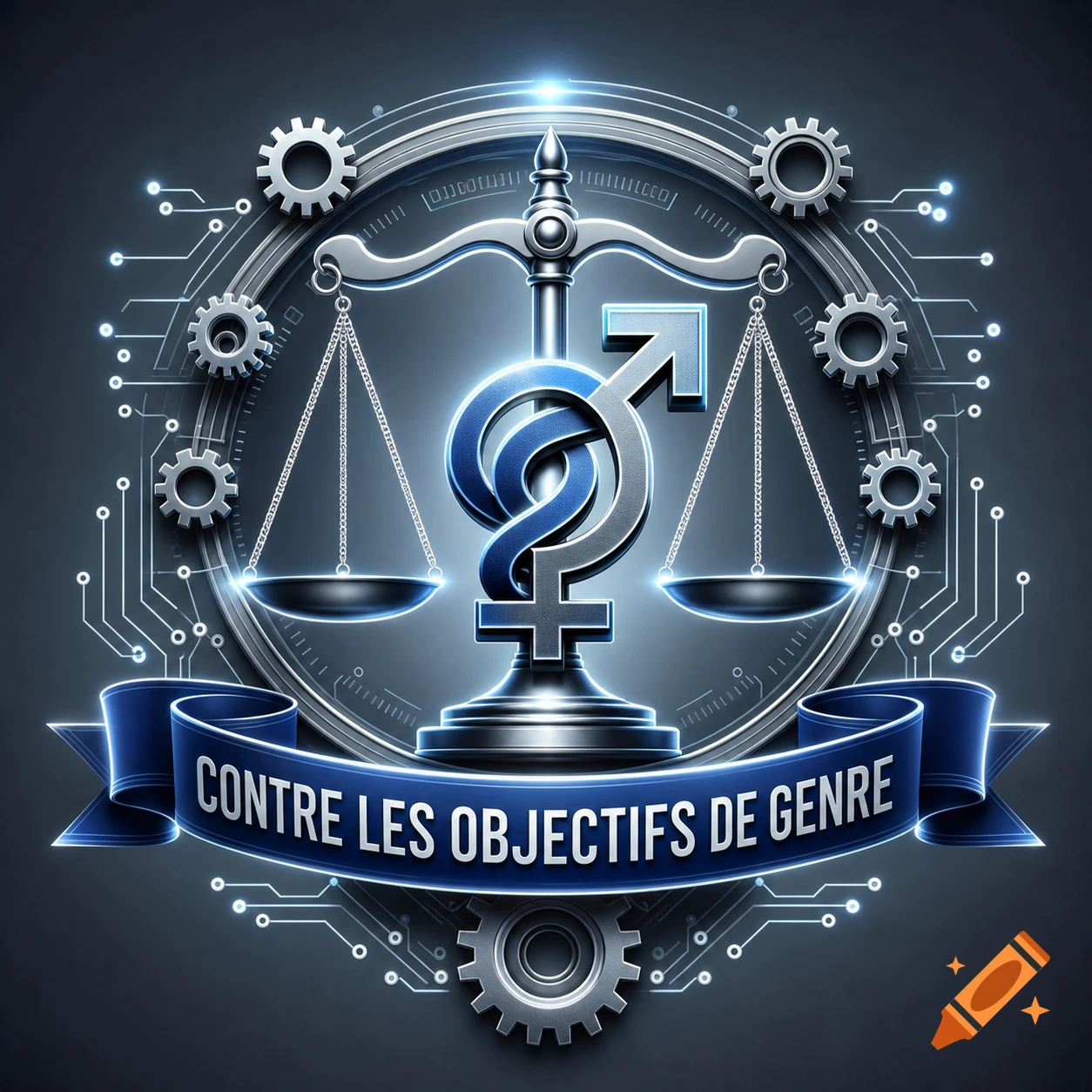 Metallic logo with intertwined male and female symbols centered under a scale, set within a circuit board and gears. A banner reads "CONTRE LES OBJECTIFS DE GENRE".
