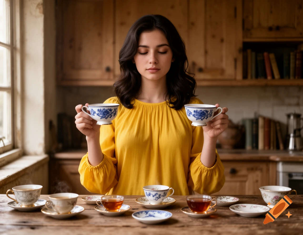 A woman with dark hair and a yellow top holding two decorated teacups, standing in a rustic kitchen with more teacups on a wooden table.