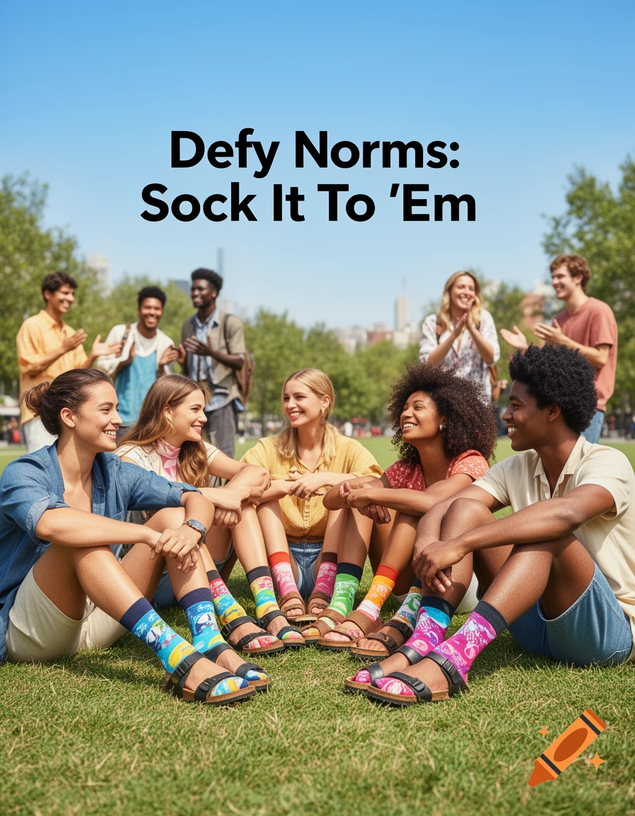Diverse young adults sit in a park, smiling, wearing colorful socks with sandals. Text: 'Defy Norms: Sock It To 'Em'.