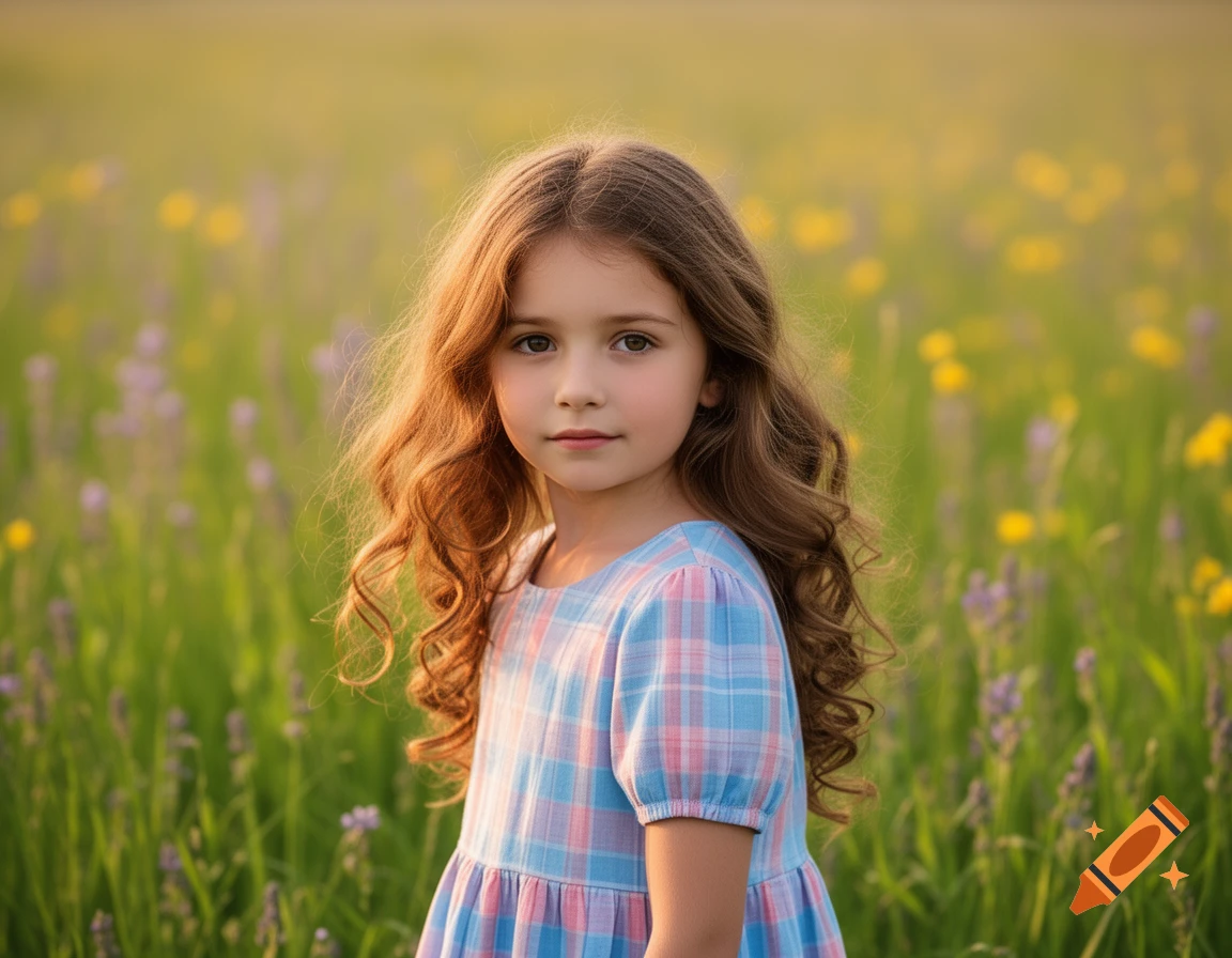 A young girl with long, wavy brown hair and a blue and pink plaid dress stands in a sunny field of green grass and wildflowers.