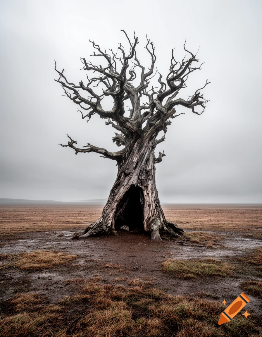 A gnarled, dead tree with a hollow trunk stands in a barren, muddy field under an overcast sky, photorealistic style.