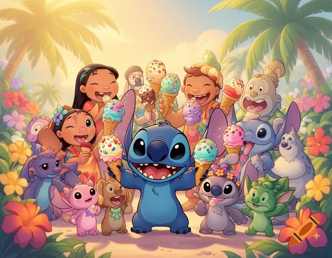 Lilo, Stitch, and a group of alien experiments and friends enjoy colorful ice cream cones in a bright tropical landscape.