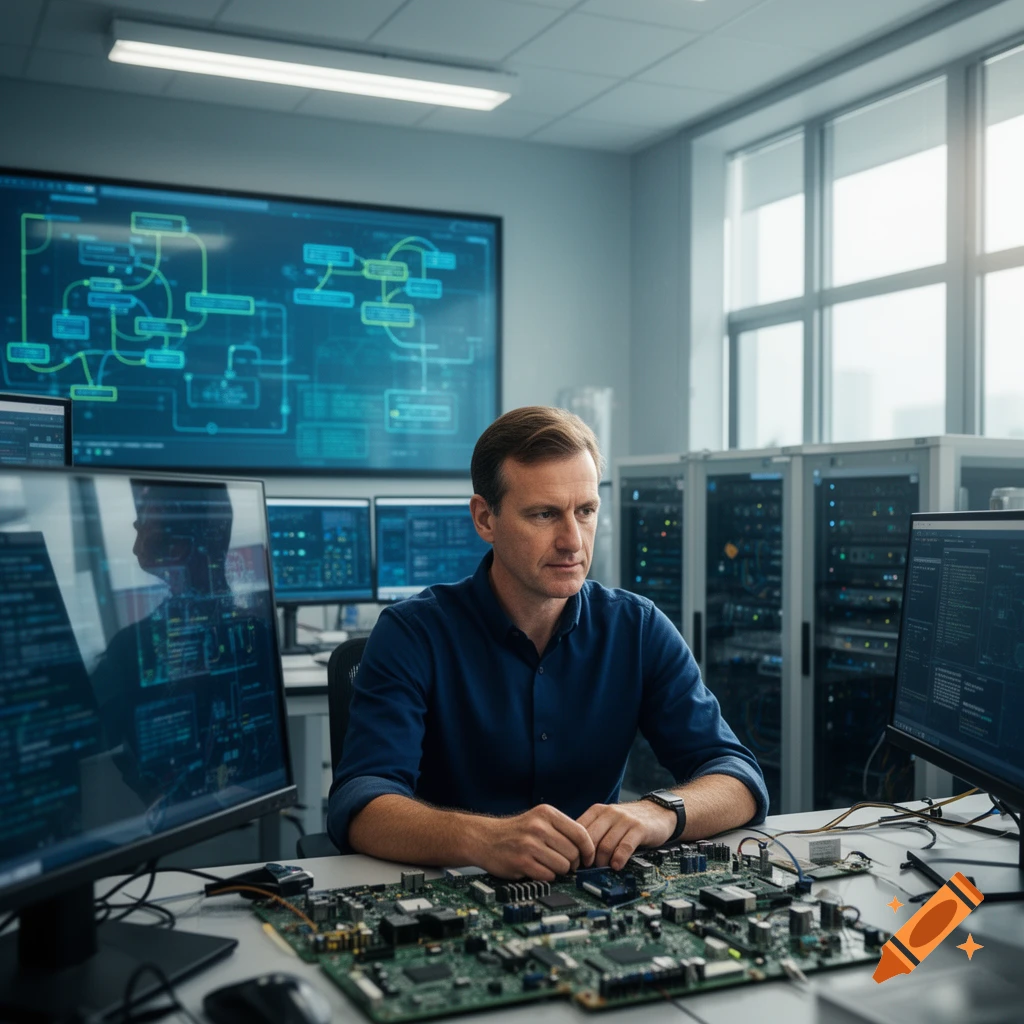 A man in a tech lab works on a circuit board, surrounded by computers and large data screens.