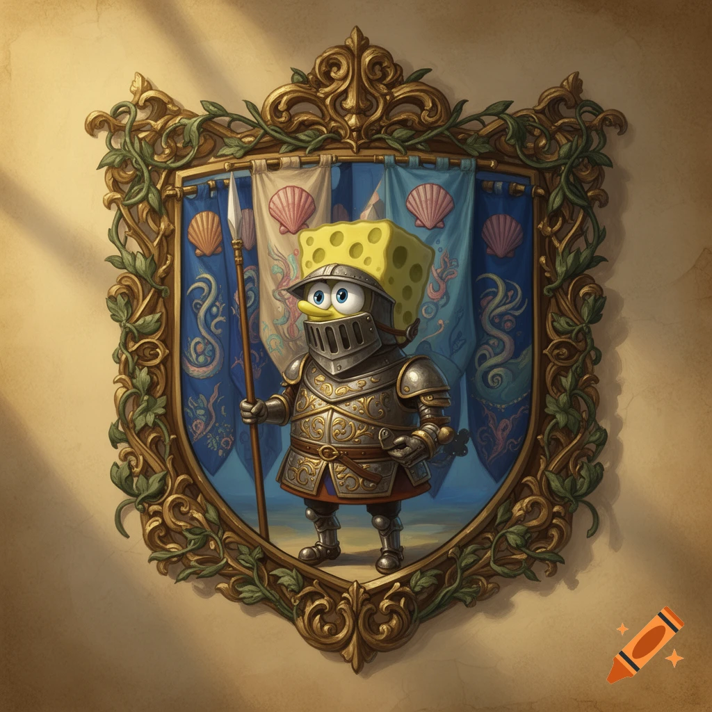 Spongebob Squarepants in ornate medieval knight armor, holding a spear, depicted as a coat of arms within a gold frame.