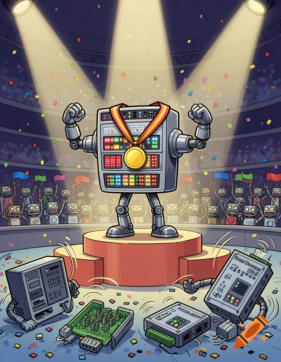 A heroic anthropomorphic industrial network switch robot with a gold medal flexes on a winner podium. Other industrial device robots stumble around it, while tiny robots cheer in the arena background, confetti falling.