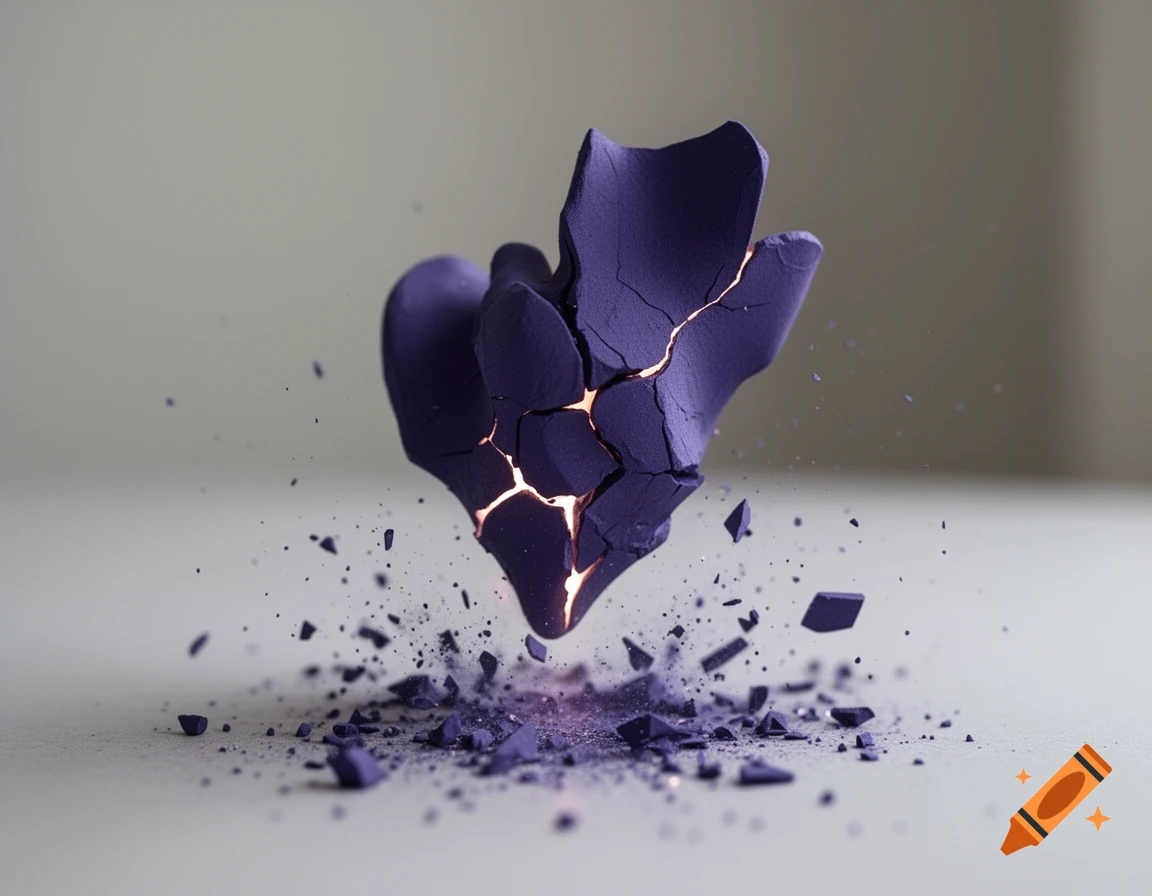 A dark indigo-violet clay heart shattering into pieces with glowing cracks, against a light background.
