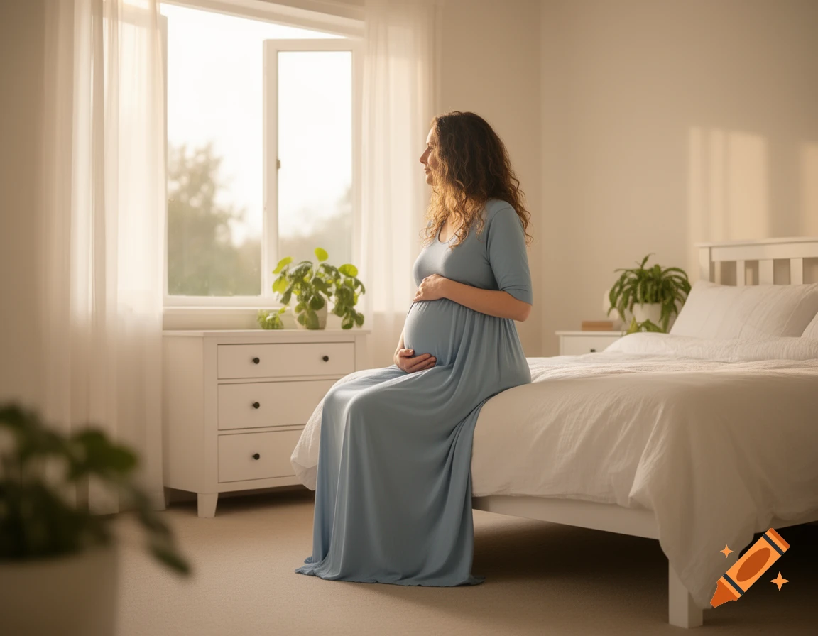 A pregnant woman in a blue dress sits on a bed, looking out a sunlit window in a brightly lit bedroom.