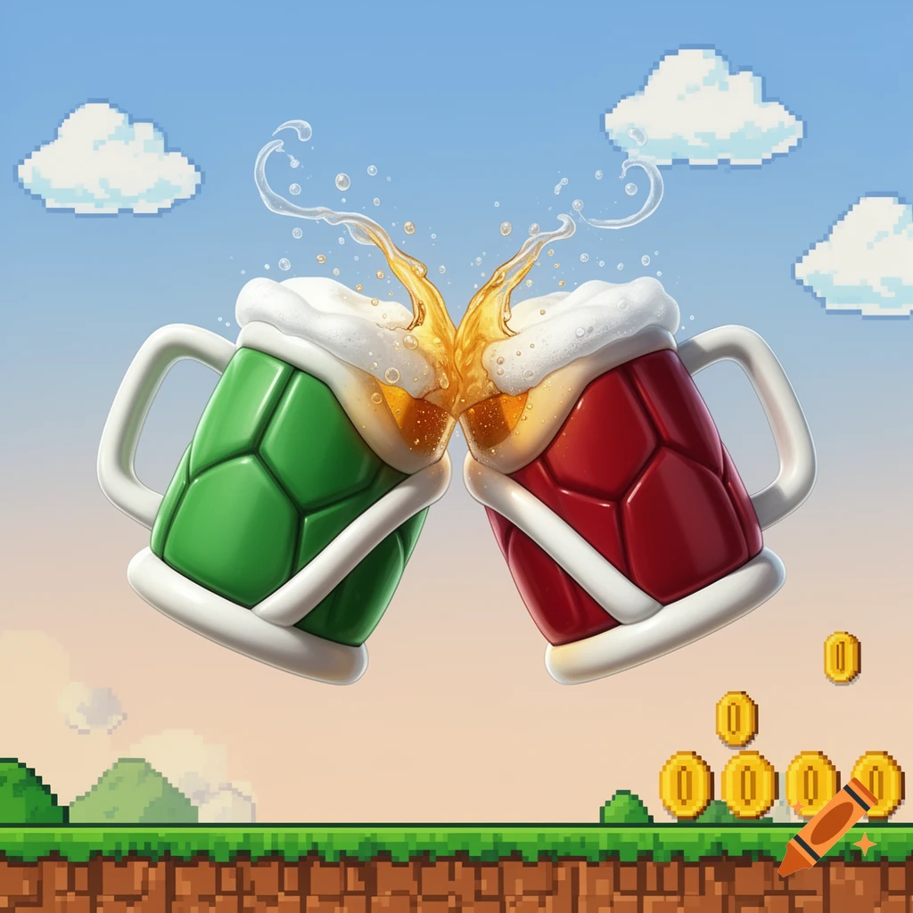 Two green and red beer mugs, designed like Mario Koopa shells, clink together, spilling foamy beer in a pixelated Mario-style landscape.