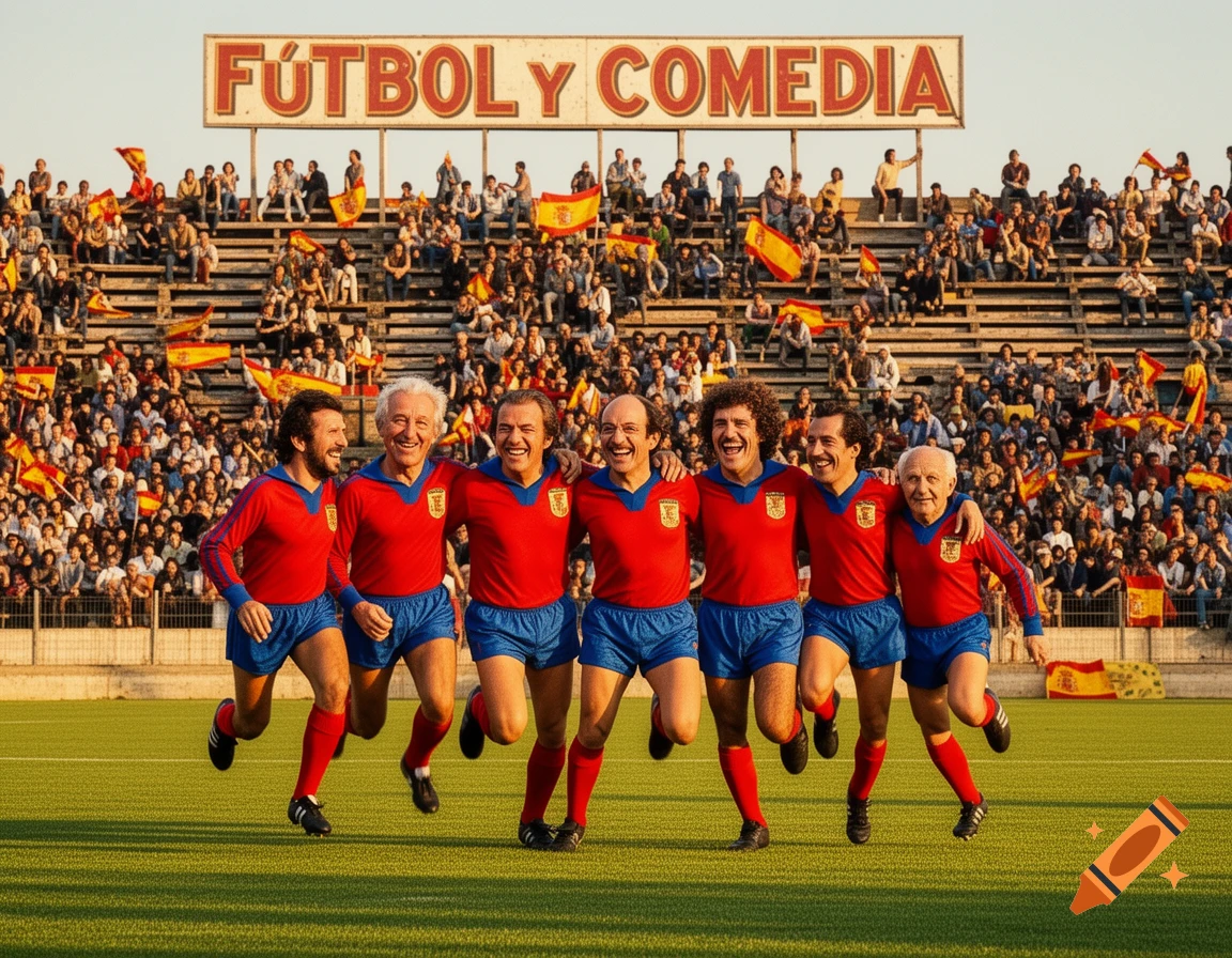 Seven smiling men in Spanish soccer uniforms run across a green field in front of a stadium filled with cheering spectators and a sign reading 'FÚTBOL Y COMEDIA'.
