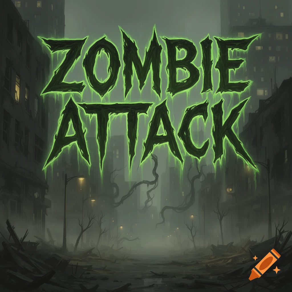 A glowing green "ZOMBIE ATTACK" title card set against a foggy, desolate, post-apocalyptic city with ruined buildings.