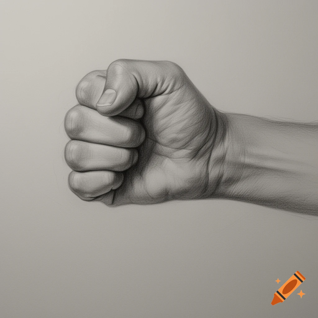 Detailed pencil drawing of a human hand tightly clenched into a fist, extending to the forearm.