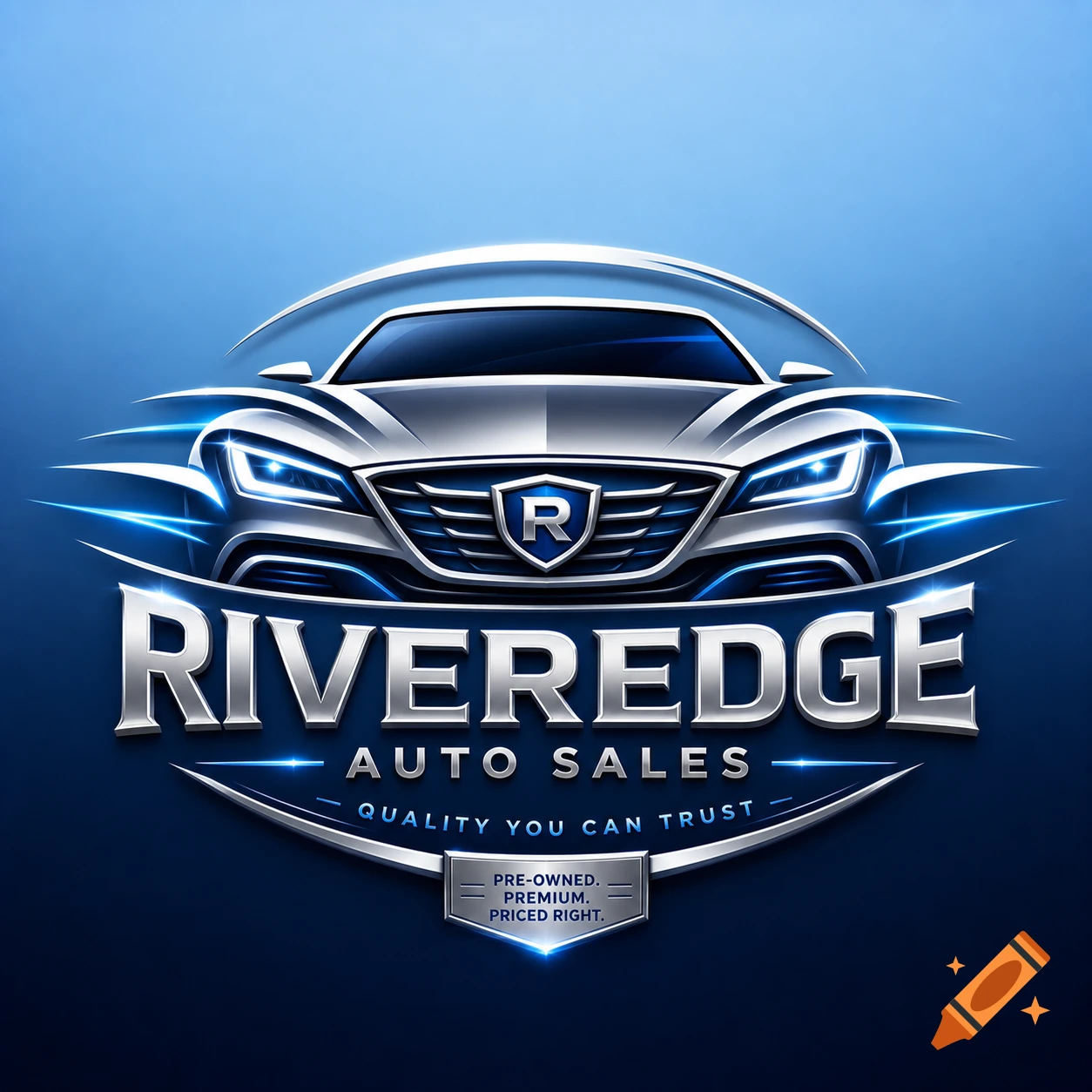 Sleek silver car logo for Riveredge Auto Sales with blue glowing accents and taglines like 'Quality You Can Trust'.