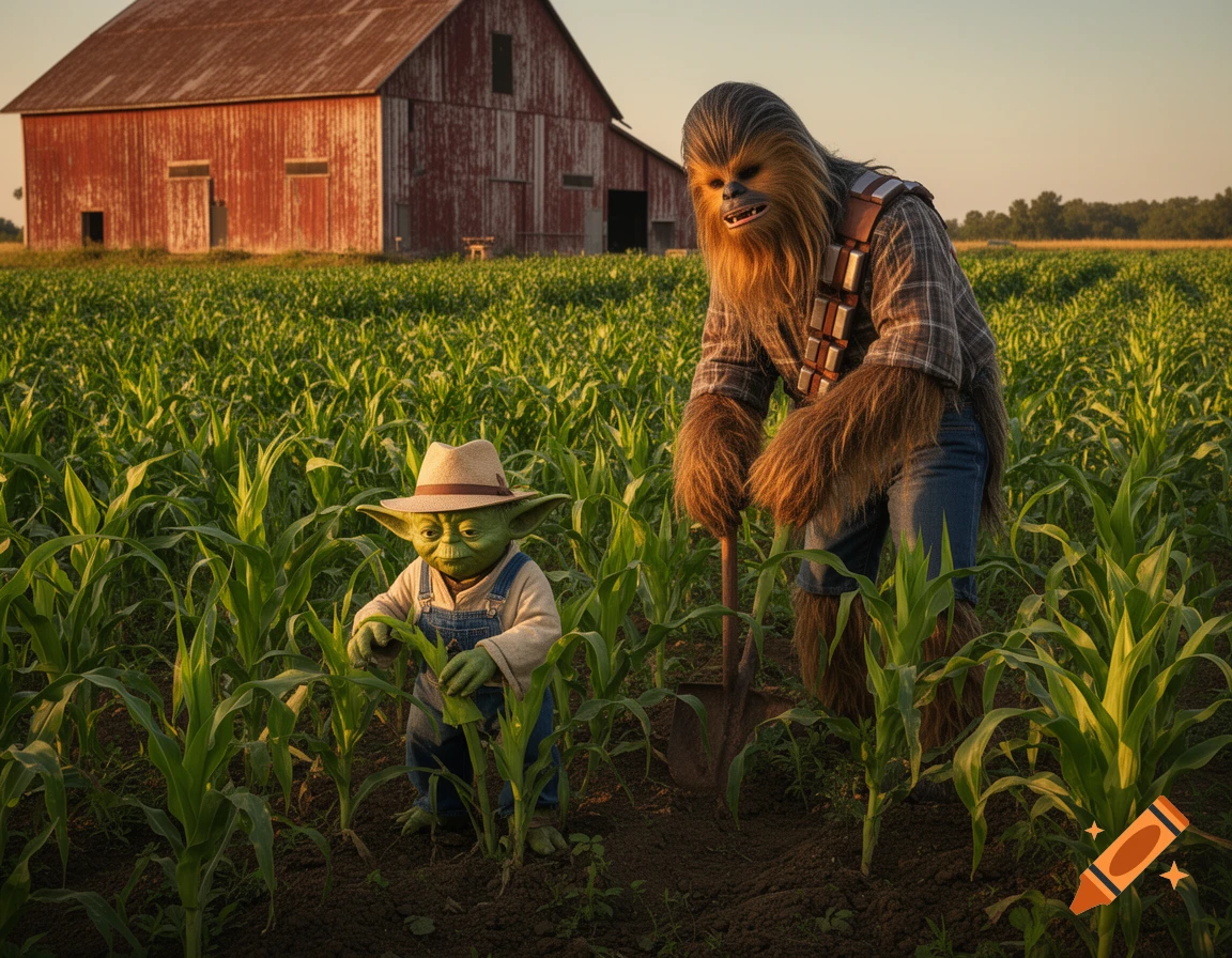 Photorealistic image of Yoda, in overalls and a hat, and Chewbacca, with a shovel, farming in a cornfield near a red barn.