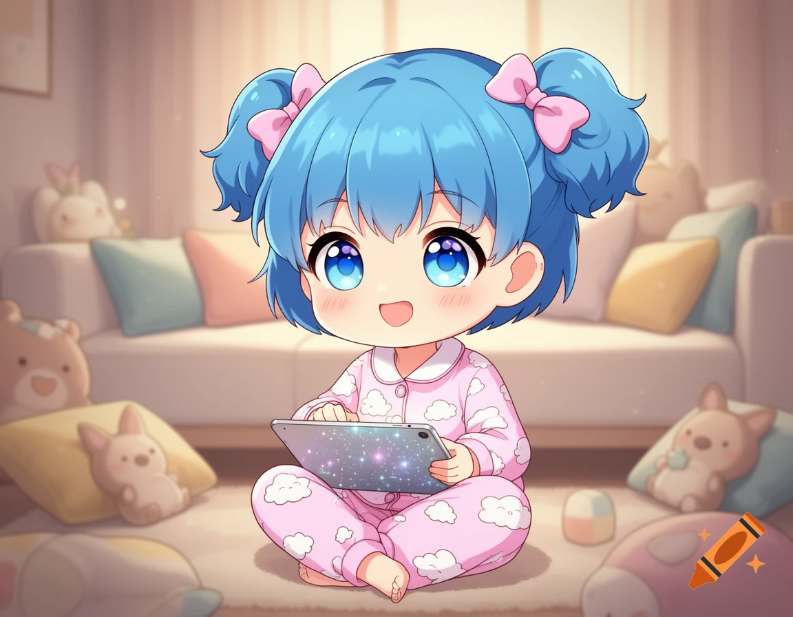 Cute anime chibi girl with blue hair in pink pajamas, sitting on the floor and playing on a sparkly tablet in a cozy room.