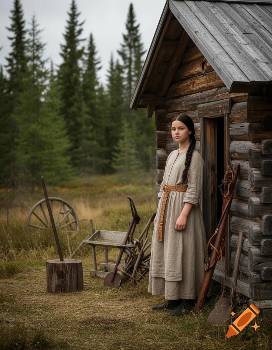Photorealistic image of a young girl with a long braid standing by a log cabin with old tools in a rural, forested setting.