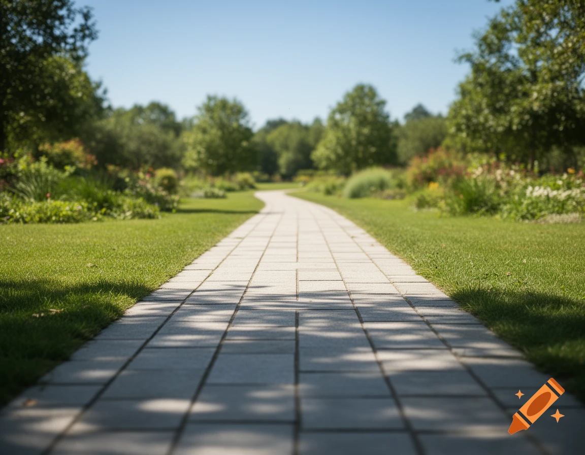 A winding paved path stretches through a vibrant, sunny garden with green lawns and lush trees.