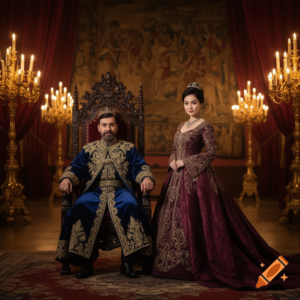 Photorealistic portrait of a king and queen in elaborate robes within a lavish throne room with candelabras.