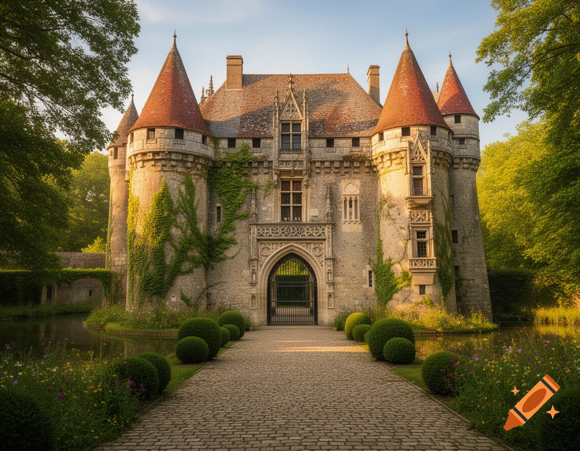 A magnificent stone castle with red-tiled turrets, surrounded by a moat and lush green trees, bathed in warm golden light.